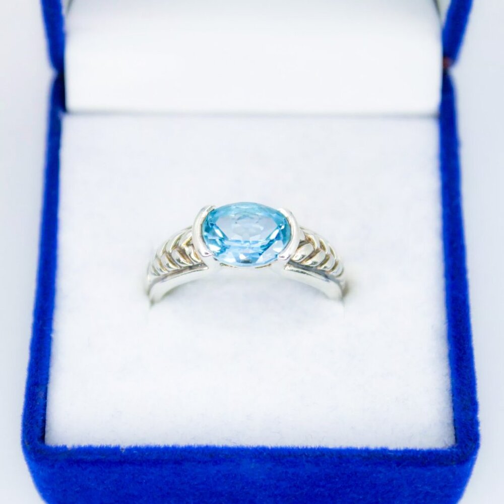925 Sterling Silver SWISS Sky BLUE TOPAZ Vintage Oval Solitaire Ring Signed